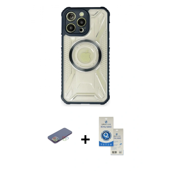MARSİLYAN™- iPhone 12 Pro Max Kılıf Kutup Modern - Şeffaf Royal Nano Ekran Koruyucu + Mavi Renkli Kamera Lens Koruma Cam