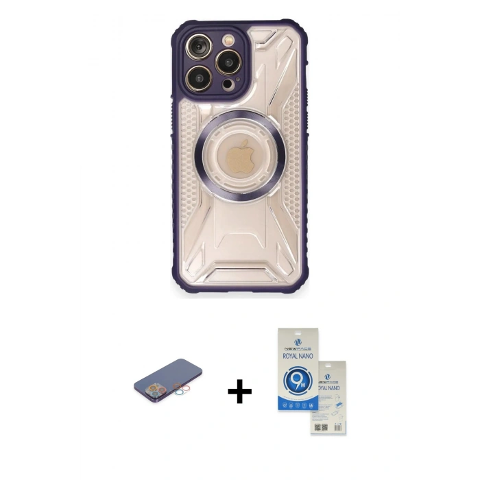 MARSİLYAN™- iPhone 12 Pro Max Kılıf Kutup Modern - Şeffaf Royal Nano Ekran Koruyucu + Renkli Kamera Lens Koruma Cam - PE