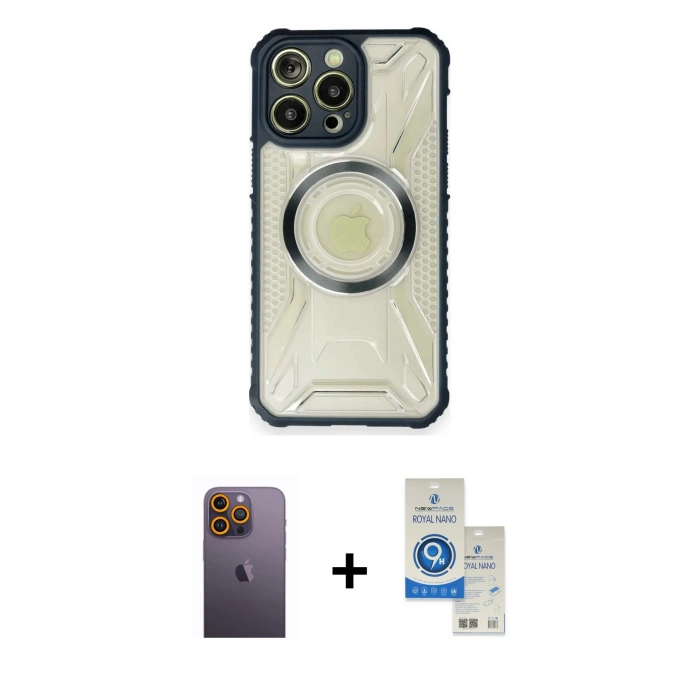 MARSİLYAN™- iPhone 12 Pro Max Kılıf Kutup Modern - Şeffaf Royal Nano Ekran Koruyucu + Neon Fosforlu Kamera Lens - SI