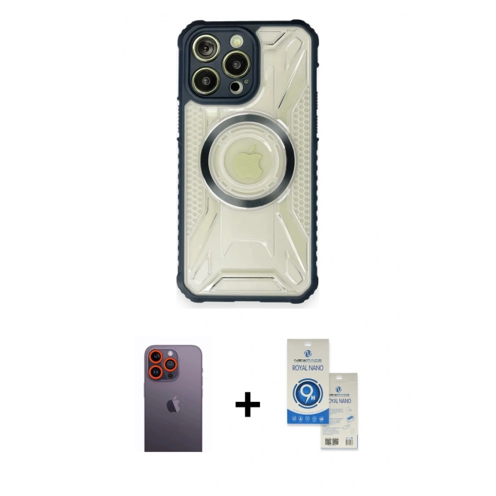 MARSİLYAN™- iPhone 12 Pro Max Kılıf Kutup Modern - Şeffaf Royal Nano Ekran Koruyucu + Neon Fosforlu Kamera Lens - TU