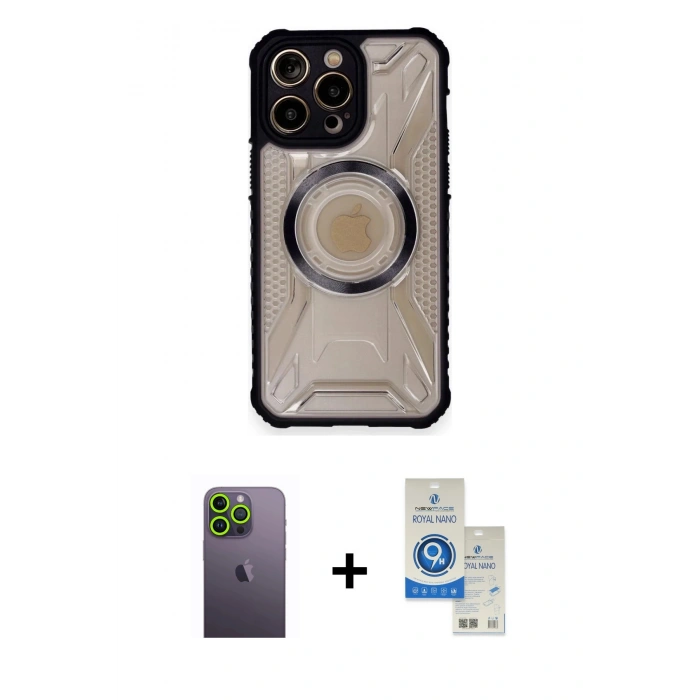 MARSİLYAN™- iPhone 12 Pro Max Kılıf Kutup Modern - Şeffaf Royal Nano Ekran Koruyucu + Neon Fosforlu Kamera Lens - YL