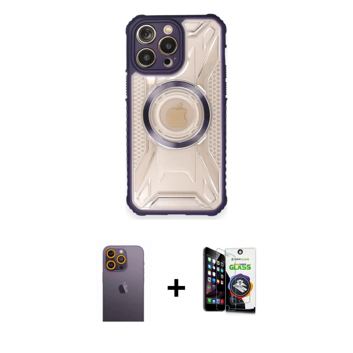 MARSİLYAN™- iPhone 12 Pro Max Kılıf Kutup Modern - Şeffaf Temperli Cam Ekran Koruyucu + Neon Fosforlu Kamera Lens - SI