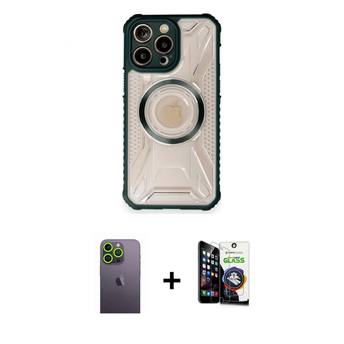 MARSİLYAN™- iPhone 12 Pro Max Kılıf Kutup Modern - Şeffaf Temperli Cam Ekran Koruyucu + Neon Fosforlu Kamera Lens - YL
