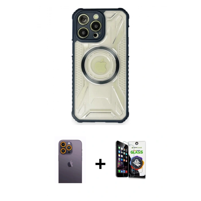 MARSİLYAN™- iPhone 12 Pro Max Kılıf Kutup Modern - Şeffaf Temperli Cam Ekran Koruyucu + Neon Fosforlu Kamera Lens - SI