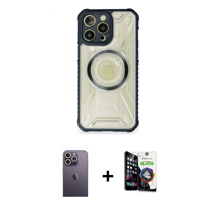 MARSİLYAN™- iPhone 12 Pro Max Kılıf Kutup Modern - Şeffaf Temperli Cam Ekran Koruyucu + Neon Fosforlu Kamera Lens - BZ