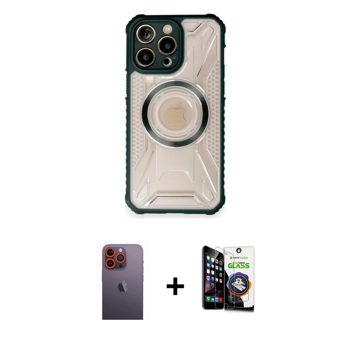 MARSİLYAN™- iPhone 12 Pro Max Kılıf Kutup Modern - Şeffaf Temperli Cam Ekran Koruyucu + Neon Fosforlu Kamera Lens - TU
