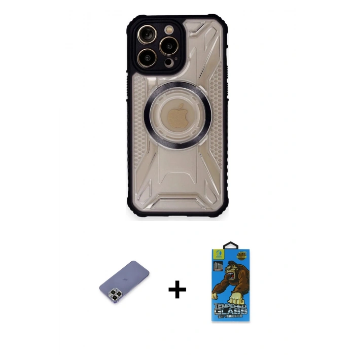 MARSİLYAN™- iPhone 12 Pro Max Kılıf Kutup Modern - Siyah 18D Cam Ekran Koruyucu + Metal Kamera Lens Koruma Cam - GD
