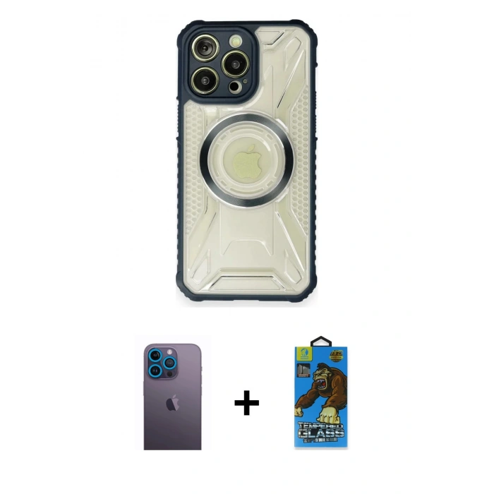 MARSİLYAN™- iPhone 12 Pro Max Kılıf Kutup Modern - Siyah 18D Cam Ekran Koruyucu + Neon Fosforlu Kamera Lens - MI