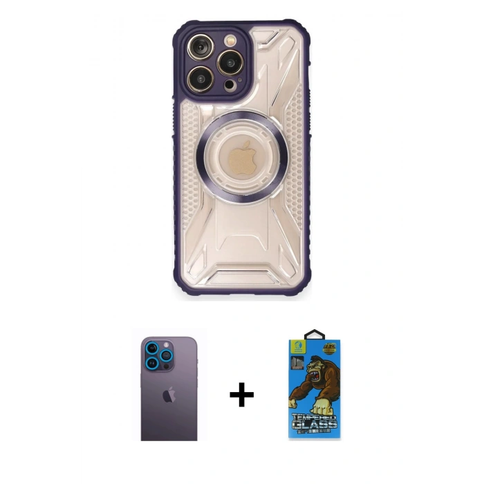 MARSİLYAN™- iPhone 12 Pro Max Kılıf Kutup Modern - Siyah 18D Cam Ekran Koruyucu + Neon Fosforlu Kamera Lens - MI