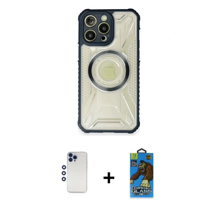 MARSİLYAN™- iPhone 12 Pro Max Kılıf Kutup Modern - Siyah 18D Cam Ekran Koruyucu + Shine Kamera Lens - LT