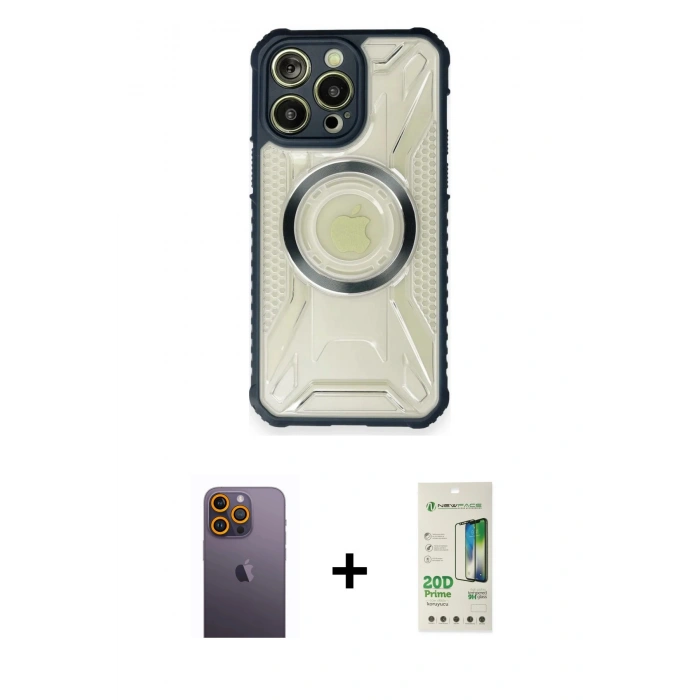 MARSİLYAN™- iPhone 12 Pro Max Kılıf Kutup Modern - Siyah 20D Premium Cam Ekran Koruyucu + Neon Fosforlu Kamera Lens - SI