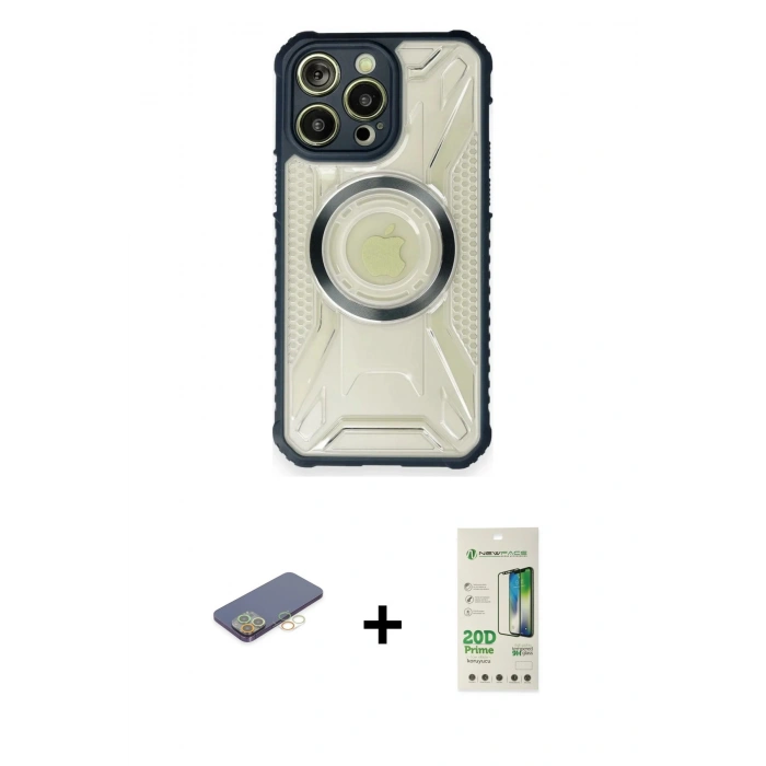MARSİLYAN™- iPhone 12 Pro Max Kılıf Kutup Modern - Siyah 20D Premium Cam Ekran Koruyucu + Sarı Renkli Kamera Lens Koruma Cam