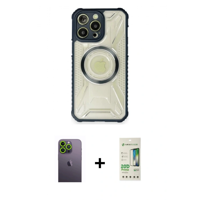 MARSİLYAN™- iPhone 12 Pro Max Kılıf Kutup Modern - Siyah 20D Premium Cam Ekran Koruyucu + Neon Fosforlu Kamera Lens - YL