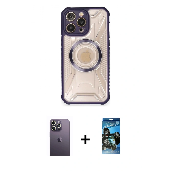 MARSİLYAN™- iPhone 12 Pro Max Kılıf Kutup Modern - Siyah 34D Izgaralı Cam + Neon Fosforlu Kamera Lens - BZ