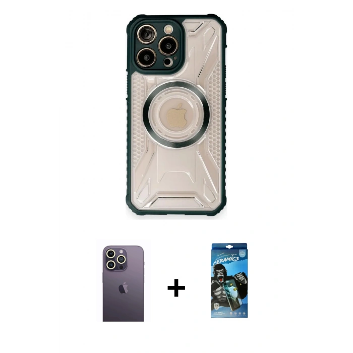 MARSİLYAN™- iPhone 12 Pro Max Kılıf Kutup Modern - Siyah 34D Izgaralı Cam + Neon Fosforlu Kamera Lens - BZ