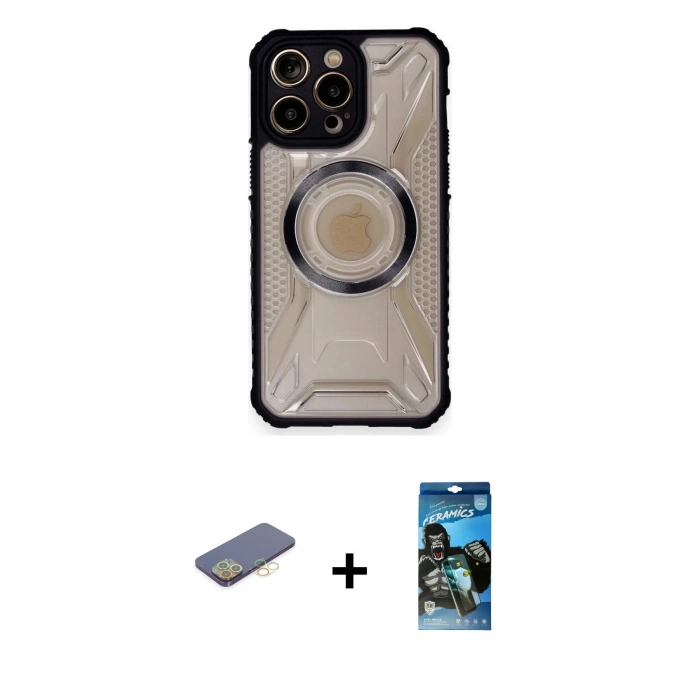 MARSİLYAN™- iPhone 12 Pro Max Kılıf Kutup Modern - Siyah 34D Izgaralı Cam + Renkli Kamera Lens Koruma Cam - SI
