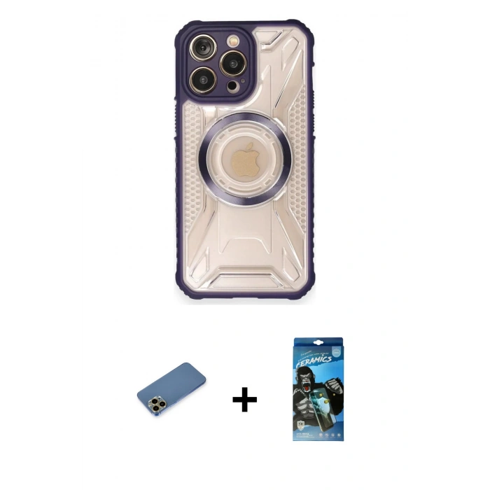 MARSİLYAN™- iPhone 12 Pro Max Kılıf Kutup Modern - Siyah 34D Izgaralı Cam + Shine Kamera Lens Koruma Cam - GD