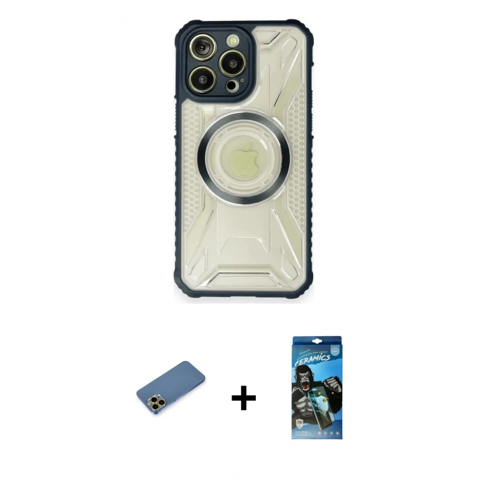 MARSİLYAN™- iPhone 12 Pro Max Kılıf Kutup Modern - Siyah 34D Izgaralı Cam + Shine Kamera Lens Koruma Cam - GD