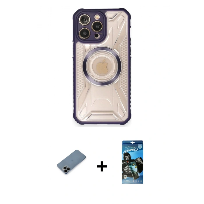 MARSİLYAN™- iPhone 12 Pro Max Kılıf Kutup Modern - Siyah 34D Izgaralı Cam + Shine Kamera Lens Koruma Cam - SH