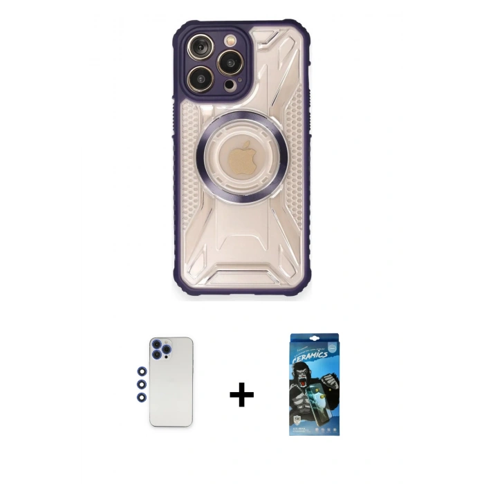 MARSİLYAN™- iPhone 12 Pro Max Kılıf Kutup Modern - Siyah 34D Izgaralı Cam + Shine Kamera Lens - LT
