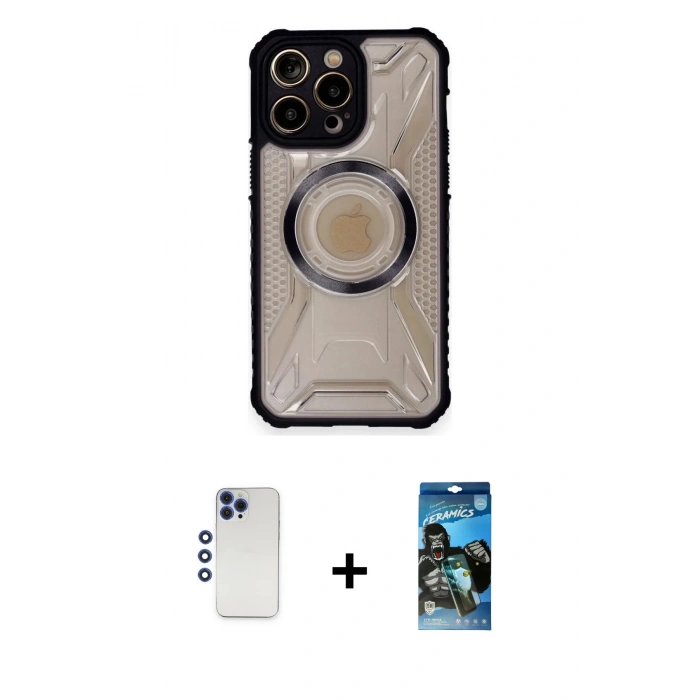MARSİLYAN™- iPhone 12 Pro Max Kılıf Kutup Modern - Siyah 34D Izgaralı Cam + Shine Kamera Lens - LT