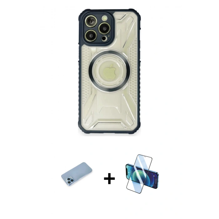 MARSİLYAN™- iPhone 12 Pro Max Kılıf Kutup Modern - Siyah 3D Antistatik Cam Ekran Koruyucu + Shine Kamera Lens Koruma Cam - MI