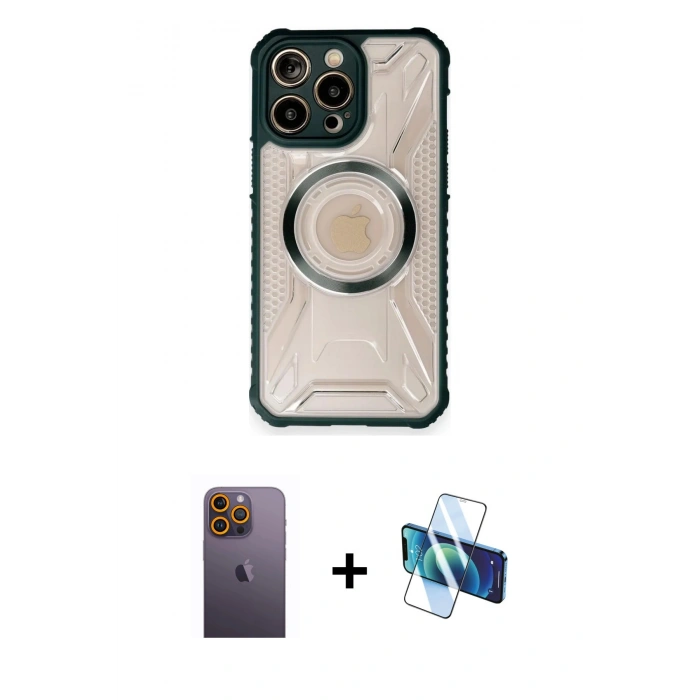 MARSİLYAN™- iPhone 12 Pro Max Kılıf Kutup Modern - Siyah 3D Antistatik Cam Ekran Koruyucu + Neon Fosforlu Kamera Lens - SI