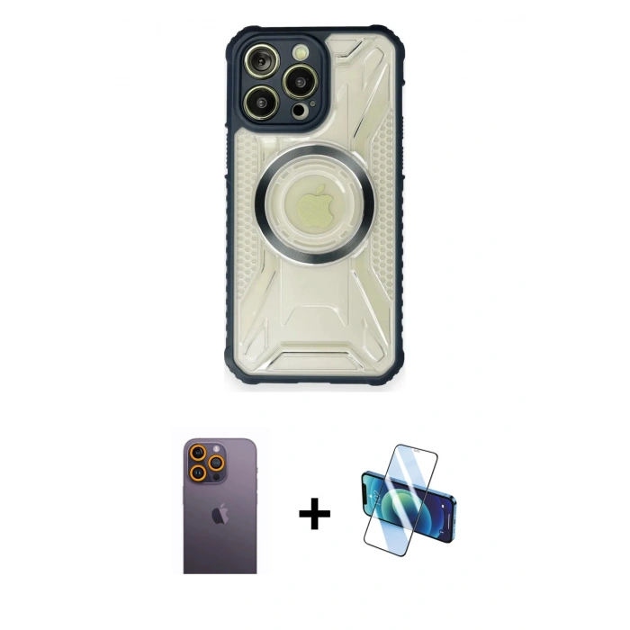 MARSİLYAN™- iPhone 12 Pro Max Kılıf Kutup Modern - Siyah 3D Antistatik Cam Ekran Koruyucu + Neon Fosforlu Kamera Lens - SI
