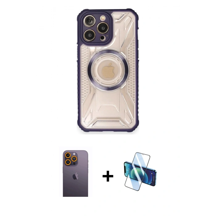 MARSİLYAN™- iPhone 12 Pro Max Kılıf Kutup Modern - Siyah 3D Antistatik Cam Ekran Koruyucu + Neon Fosforlu Kamera Lens - SI