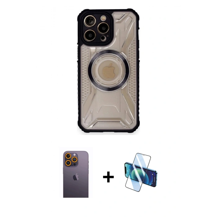 MARSİLYAN™- iPhone 12 Pro Max Kılıf Kutup Modern - Siyah 3D Antistatik Cam Ekran Koruyucu + Neon Fosforlu Kamera Lens - SI