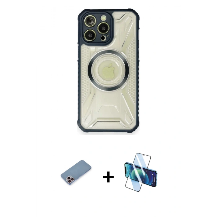 MARSİLYAN™- iPhone 12 Pro Max Kılıf Kutup Modern - Siyah 3D Antistatik Cam Ekran Koruyucu + Shine Kamera Lens Koruma Cam - PE