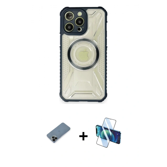 MARSİLYAN™- iPhone 12 Pro Max Kılıf Kutup Modern - Siyah 3D Antistatik Cam Ekran Koruyucu + Shine Kamera Lens Koruma Cam - SH