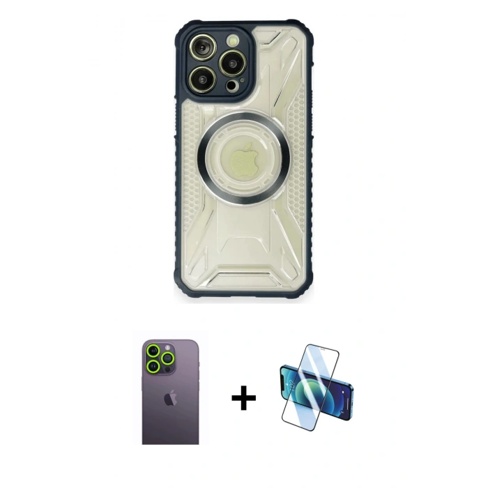 MARSİLYAN™- iPhone 12 Pro Max Kılıf Kutup Modern - Siyah 3D Antistatik Cam Ekran Koruyucu + Neon Fosforlu Kamera Lens - YL