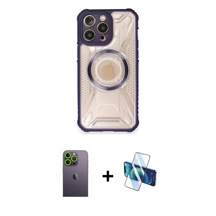 MARSİLYAN™- iPhone 12 Pro Max Kılıf Kutup Modern - Siyah 3D Antistatik Cam Ekran Koruyucu + Neon Fosforlu Kamera Lens - YL