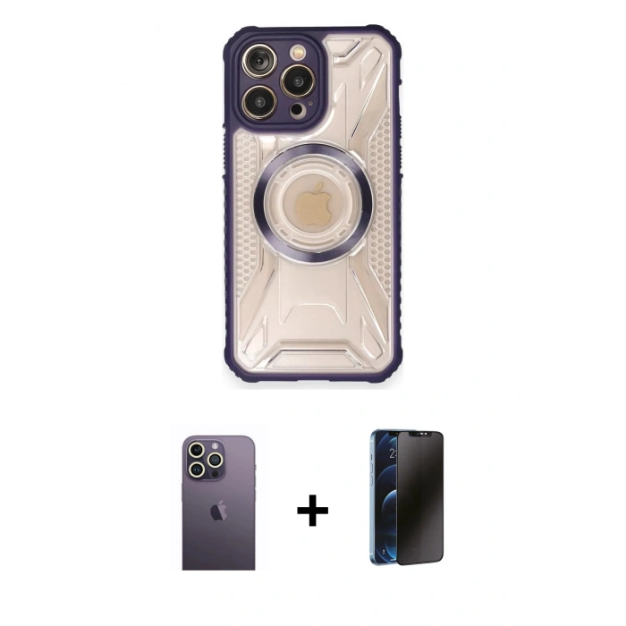 MARSİLYAN™- iPhone 12 Pro Max Kılıf Kutup Modern - Siyah 3D Antistatik Hayalet Cam Ekran Koruyucu + Neon Fosforlu Kamera Lens - BZ