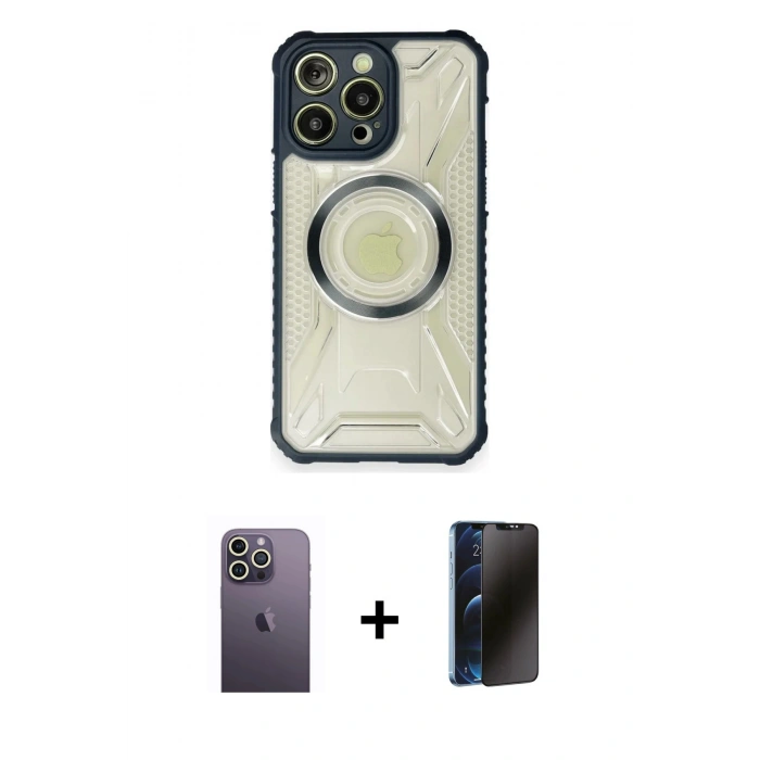 MARSİLYAN™- iPhone 12 Pro Max Kılıf Kutup Modern - Siyah 3D Antistatik Hayalet Cam Ekran Koruyucu + Neon Fosforlu Kamera Lens - BZ