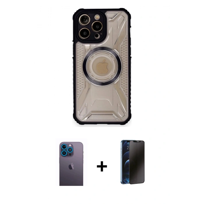 MARSİLYAN™- iPhone 12 Pro Max Kılıf Kutup Modern - Siyah 3D Antistatik Hayalet Cam Ekran Koruyucu + Neon Fosforlu Kamera Lens - MI