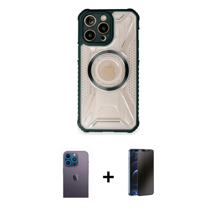 MARSİLYAN™- iPhone 12 Pro Max Kılıf Kutup Modern - Siyah 3D Antistatik Hayalet Cam Ekran Koruyucu + Neon Fosforlu Kamera Lens - MI