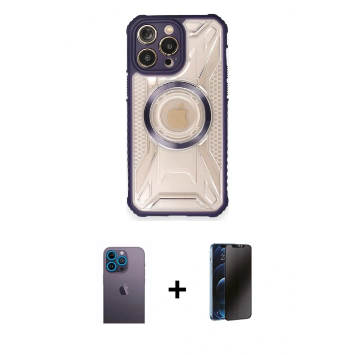 MARSİLYAN™- iPhone 12 Pro Max Kılıf Kutup Modern - Siyah 3D Antistatik Hayalet Cam Ekran Koruyucu + Neon Fosforlu Kamera Lens - MI