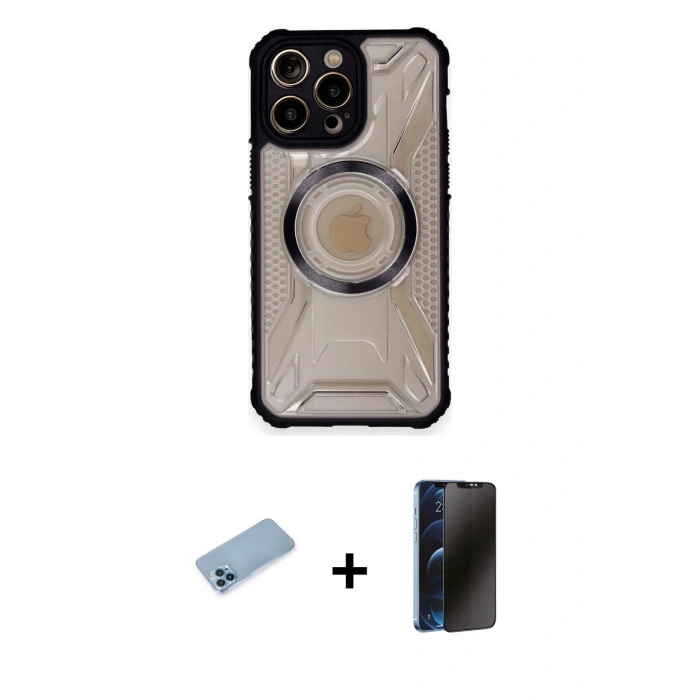MARSİLYAN™- iPhone 12 Pro Max Kılıf Kutup Modern - Siyah 3D Antistatik Hayalet Cam Ekran Koruyucu + Shine Kamera Lens Koruma Cam - MI