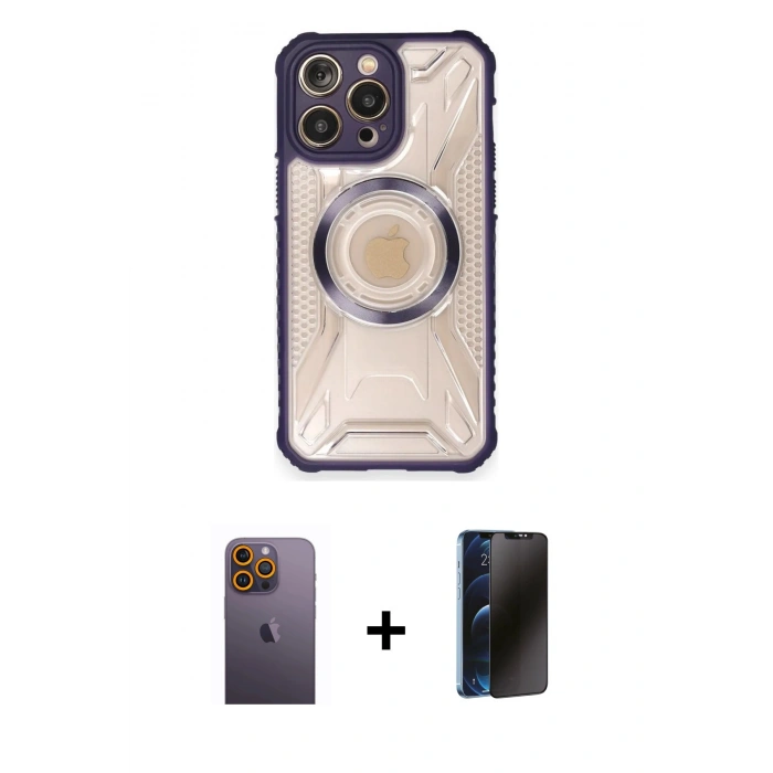 MARSİLYAN™- iPhone 12 Pro Max Kılıf Kutup Modern - Siyah 3D Antistatik Hayalet Cam Ekran Koruyucu + Neon Fosforlu Kamera Lens - SI