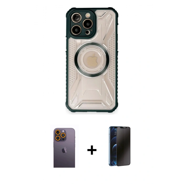 MARSİLYAN™- iPhone 12 Pro Max Kılıf Kutup Modern - Siyah 3D Antistatik Hayalet Cam Ekran Koruyucu + Neon Fosforlu Kamera Lens - SI