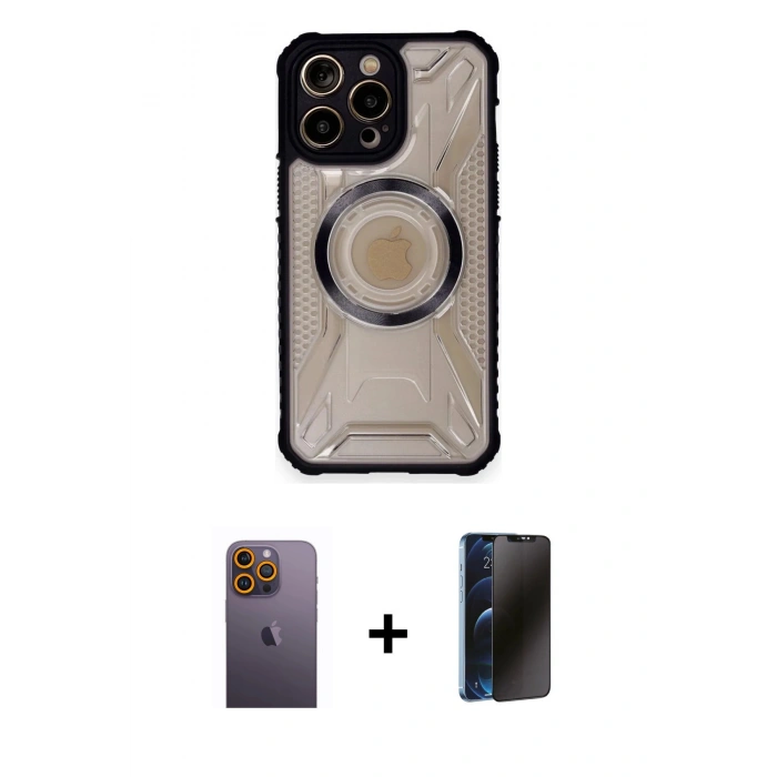MARSİLYAN™- iPhone 12 Pro Max Kılıf Kutup Modern - Siyah 3D Antistatik Hayalet Cam Ekran Koruyucu + Neon Fosforlu Kamera Lens - SI