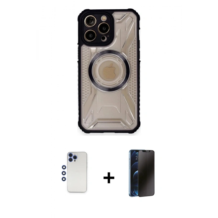 MARSİLYAN™- iPhone 12 Pro Max Kılıf Kutup Modern - Siyah 3D Antistatik Hayalet Cam Ekran Koruyucu + Shine Kamera Lens - LT