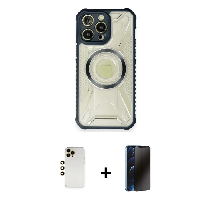 MARSİLYAN™- iPhone 12 Pro Max Kılıf Kutup Modern - Siyah 3D Antistatik Hayalet Cam Ekran Koruyucu + Shine Kamera Lens - GD