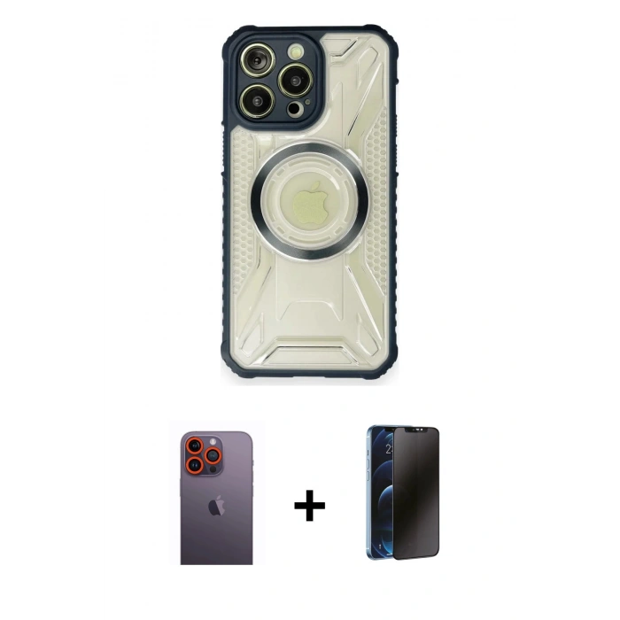 MARSİLYAN™- iPhone 12 Pro Max Kılıf Kutup Modern - Siyah 3D Antistatik Hayalet Cam Ekran Koruyucu + Neon Fosforlu Kamera Lens - TU