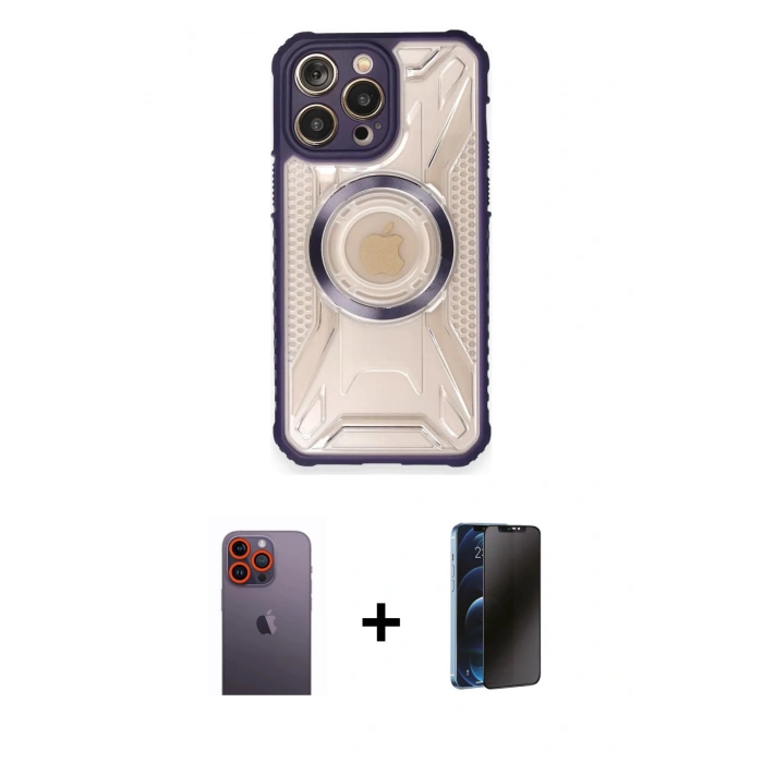 MARSİLYAN™- iPhone 12 Pro Max Kılıf Kutup Modern - Siyah 3D Antistatik Hayalet Cam Ekran Koruyucu + Neon Fosforlu Kamera Lens - TU