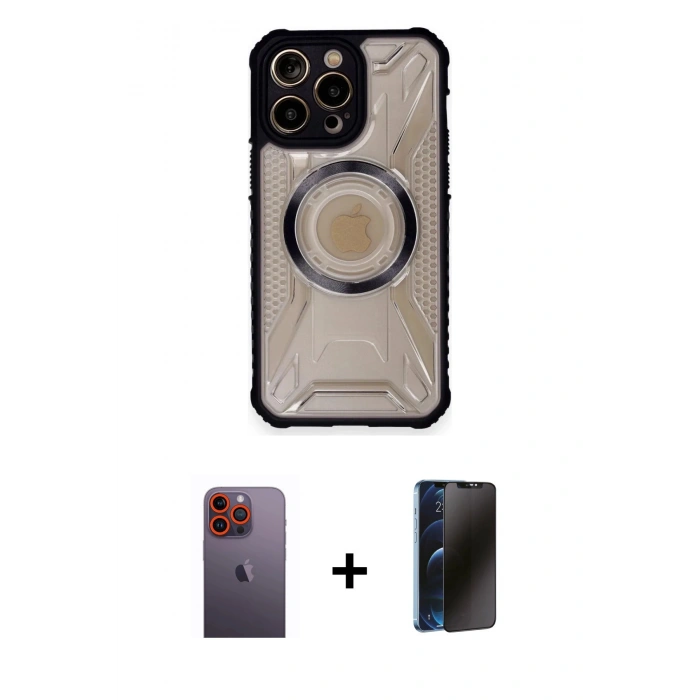 MARSİLYAN™- iPhone 12 Pro Max Kılıf Kutup Modern - Siyah 3D Antistatik Hayalet Cam Ekran Koruyucu + Neon Fosforlu Kamera Lens - TU