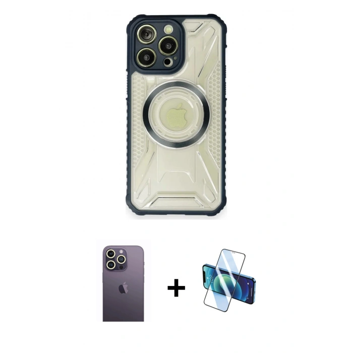 MARSİLYAN™- iPhone 12 Pro Max Kılıf Kutup Modern - Siyah 3D Antistatik Seramik Nano Ekran Koruyucu + Neon Fosforlu Kamera Lens - BZ