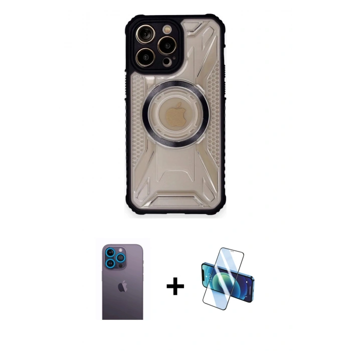 MARSİLYAN™- iPhone 12 Pro Max Kılıf Kutup Modern - Siyah 3D Antistatik Seramik Nano Ekran Koruyucu + Neon Fosforlu Kamera Lens - MI
